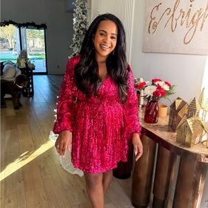Vici Vibrant Pink Sequin Long Sleeve Dress